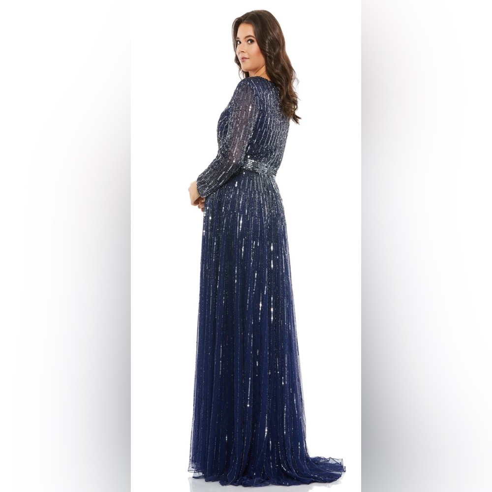 Mac Duggal Blue and Silver Sequin Gown with Bishop Sleeves SZ 18W - Picture 2 of 4